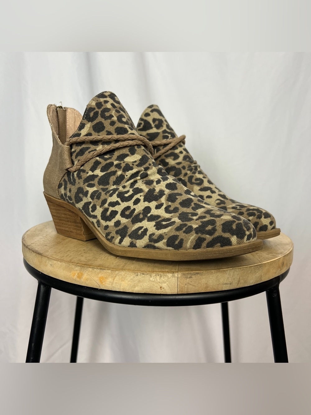 Leopard Print Canvas Pointed Toe Heeled Boots